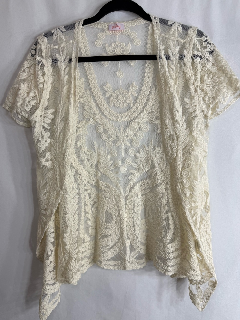 Pixley Ivory Embroidered Lace Open Front Cardigan Cottagecore, Size S